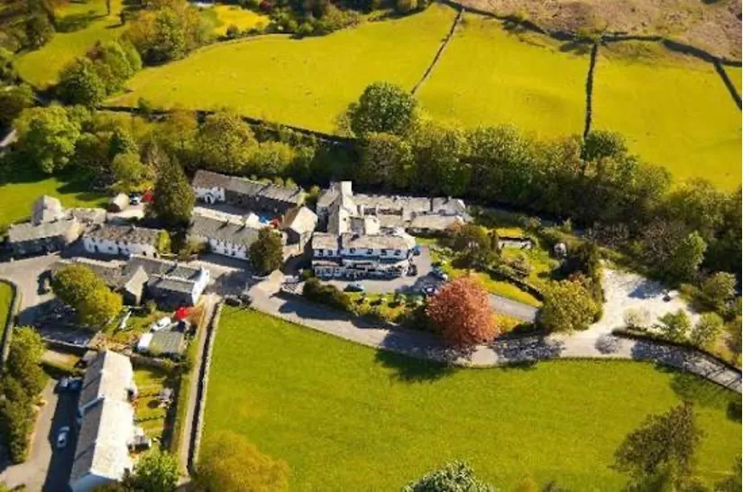 Aerial view of The Scafell Hotel grounds and the Borrowdale fells